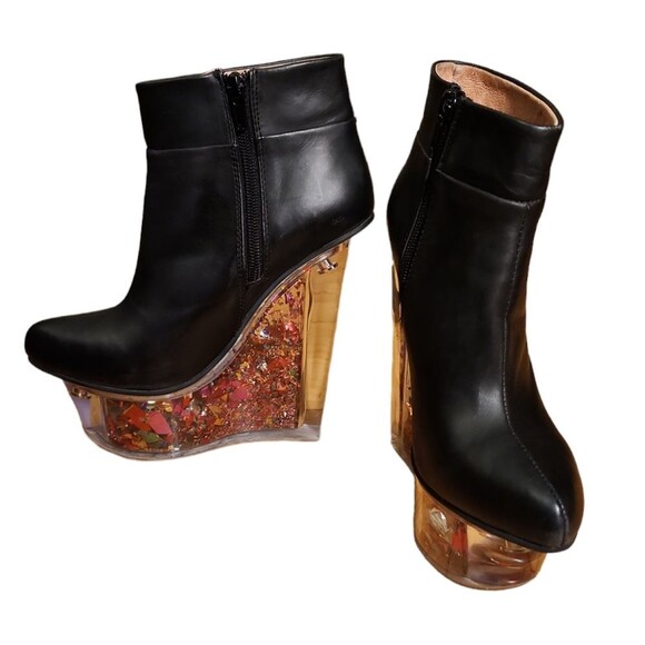 Jeffrey Campbell Rave Ankle Boots Size 6 M Black Leather Glitter Wedge Platform - Picture 5 of 8